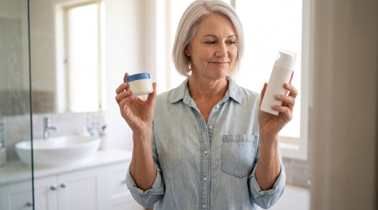 Woman in her fifties comparing a small supermarket cream jar with a larger plain firming cream pump