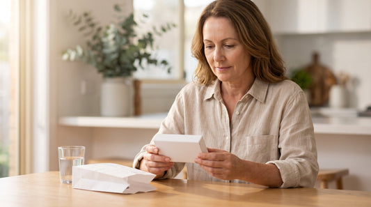 Woman in her fifties reading the label on a prescription skin cream box at her kitchen table