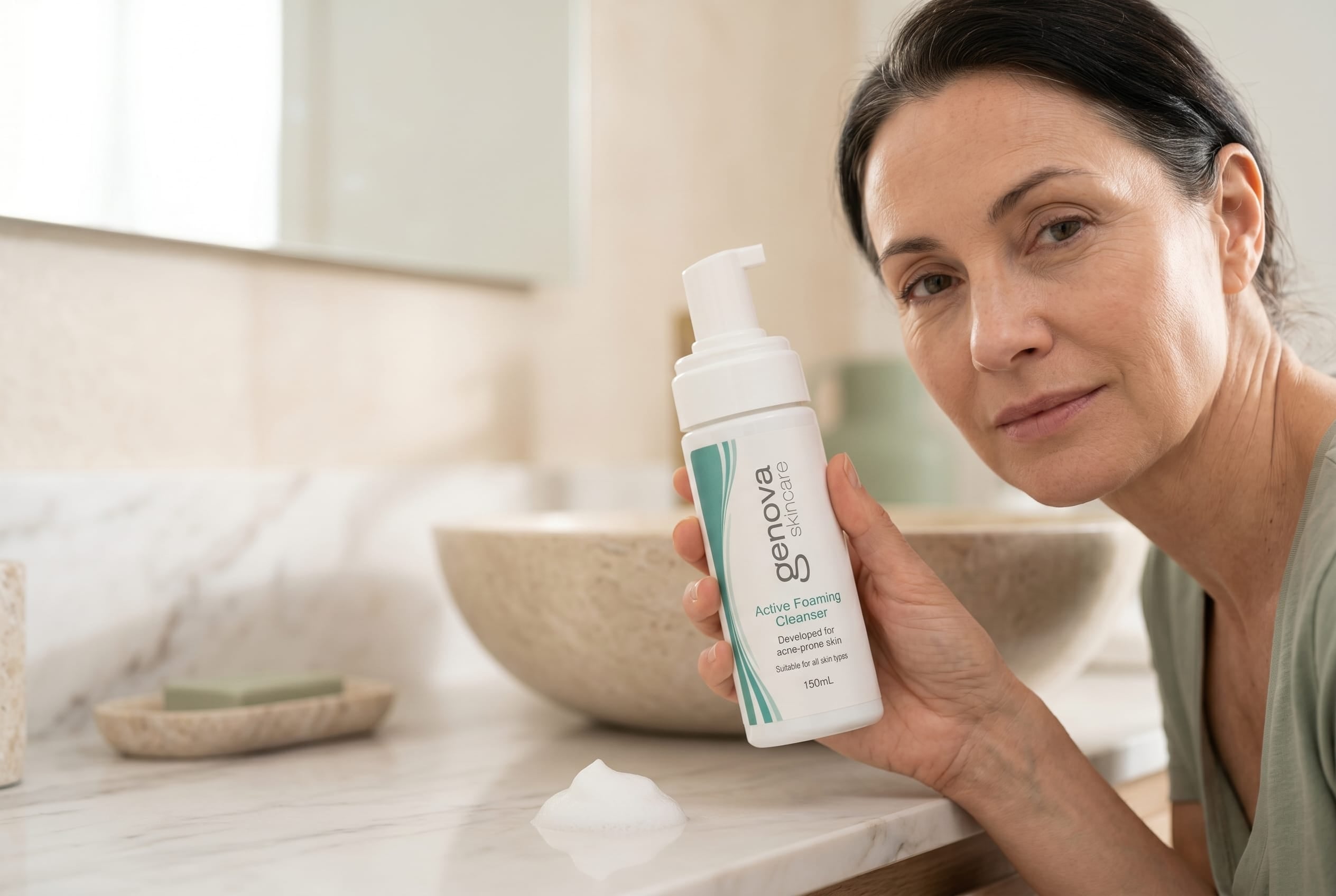 a woman holding a bottle of Genova Active Foaming Cleanser