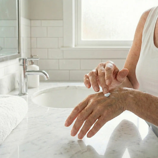 A woman applying Genova Age Spot Serum to her hands.