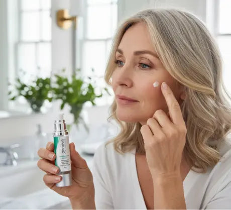 A woman with menopause applying Genova Anti-Wrinkle Serum