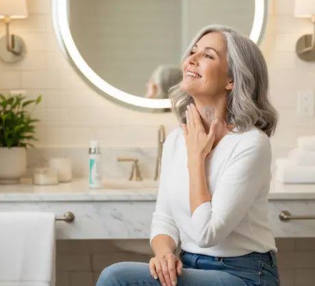 Woman over 45 applying firming cream to her neck, comparing the best neck firming cream options in Australia