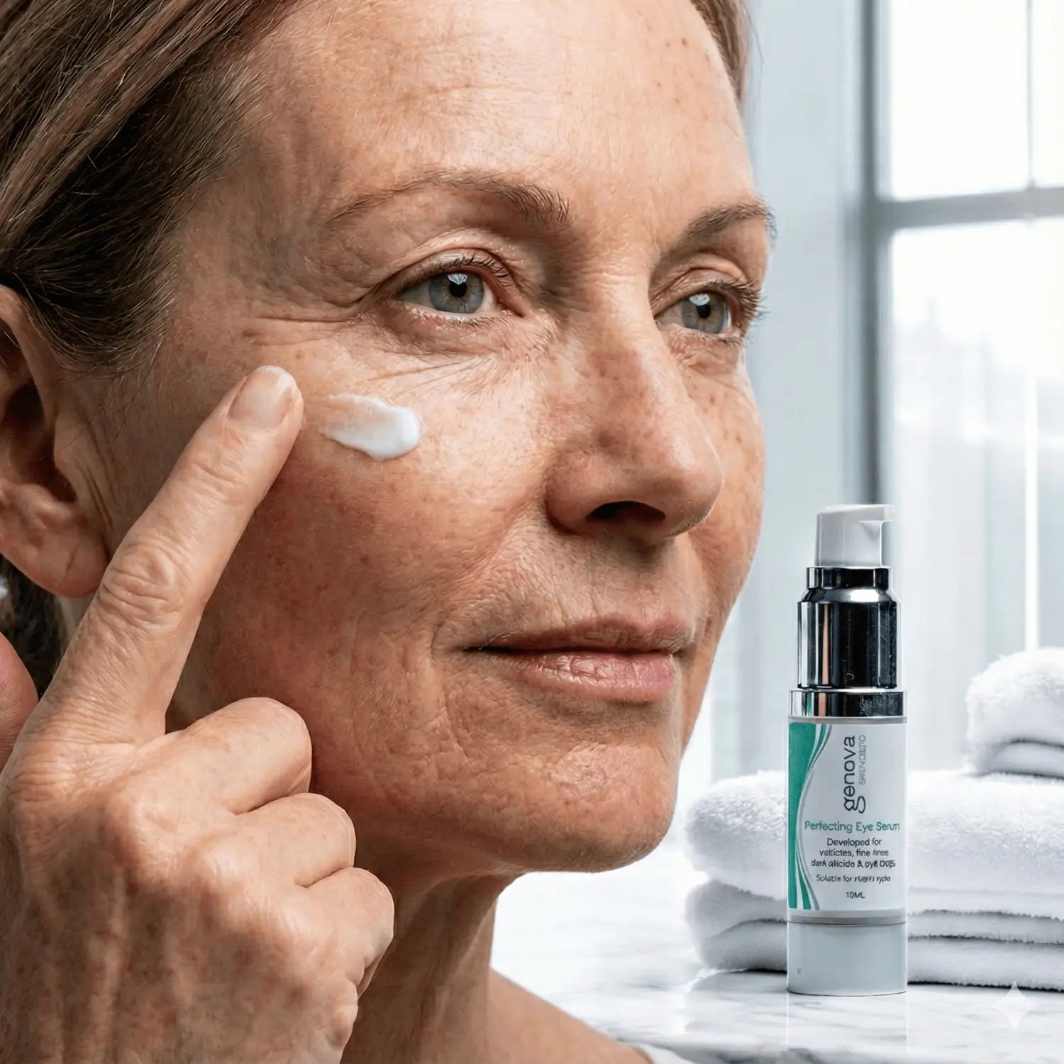 A woman applying Genova Pefecting Eye Serum