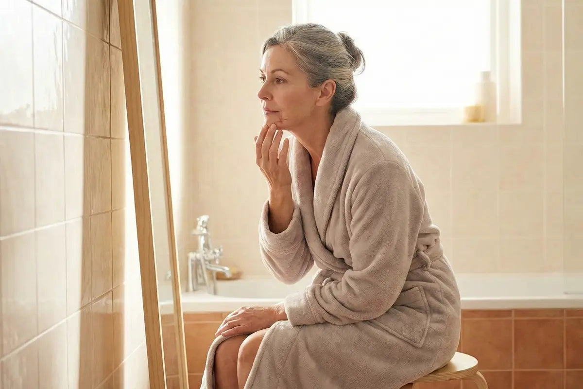 Woman looking at a scar on her chin