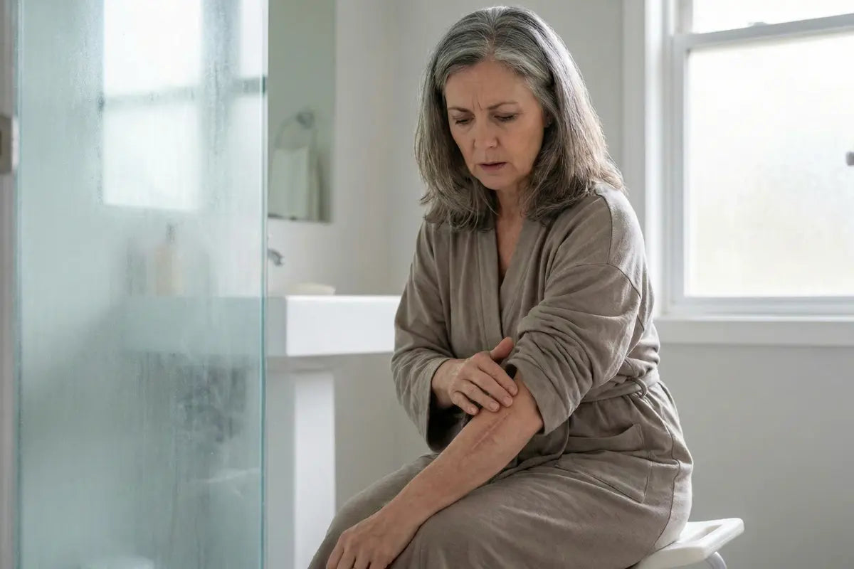 A woman looking at an old scar on her forearm
