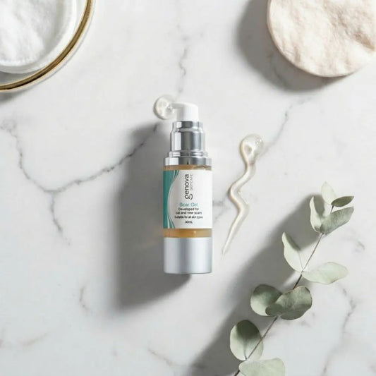 Genova Silicone Scar Gel bottle on white marble surface with clear gel texture and eucalyptus, flat lay skincare editorial