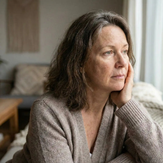 A sad looking woman with dull skin.