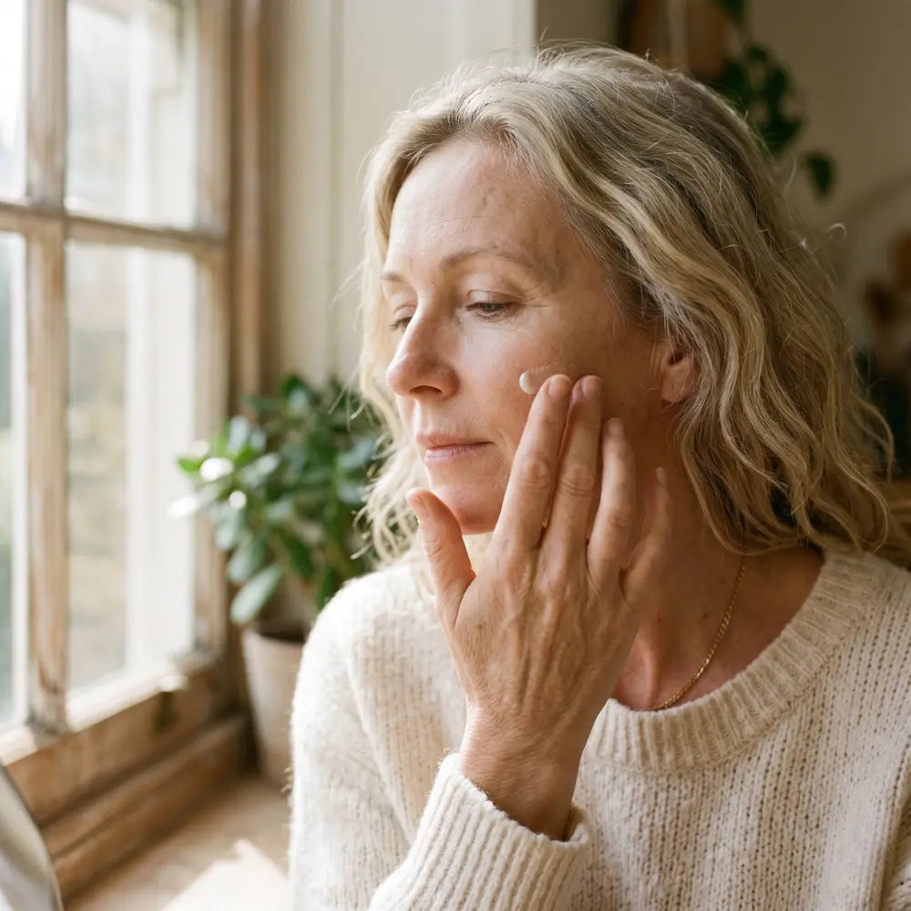 Woman in her 50s applying moisturiser to her cheek with soft morning light through a window