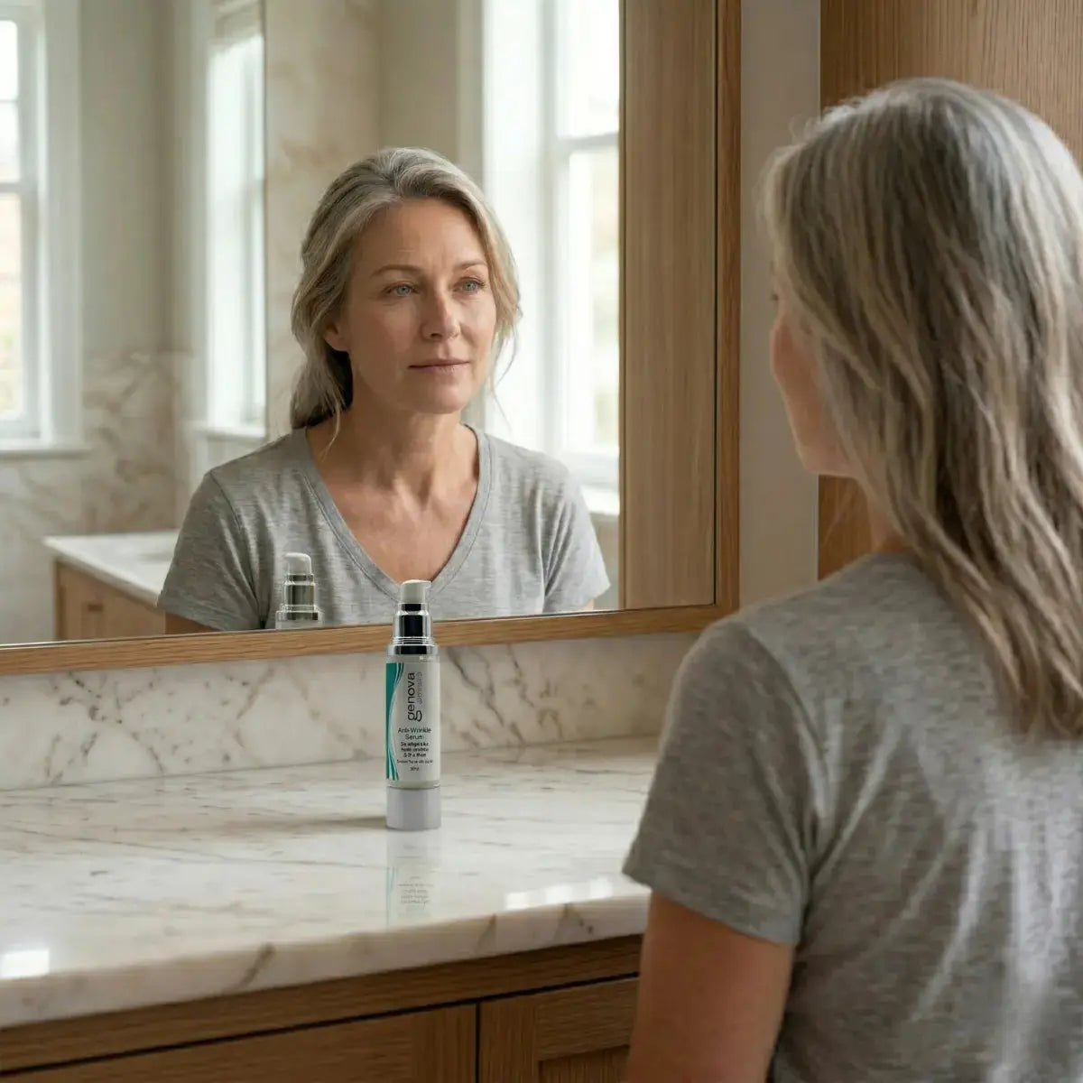 Woman in her 50s looking at her skin in the bathroom mirror with skincare serum bottle on the counter, considering her anti-wrinkle routine during menopause