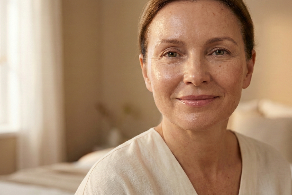 A woman with a gentle brightening Routine