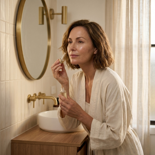 Australian woman in her 50s in soft natural light, applying serum to damp skin in front of a window