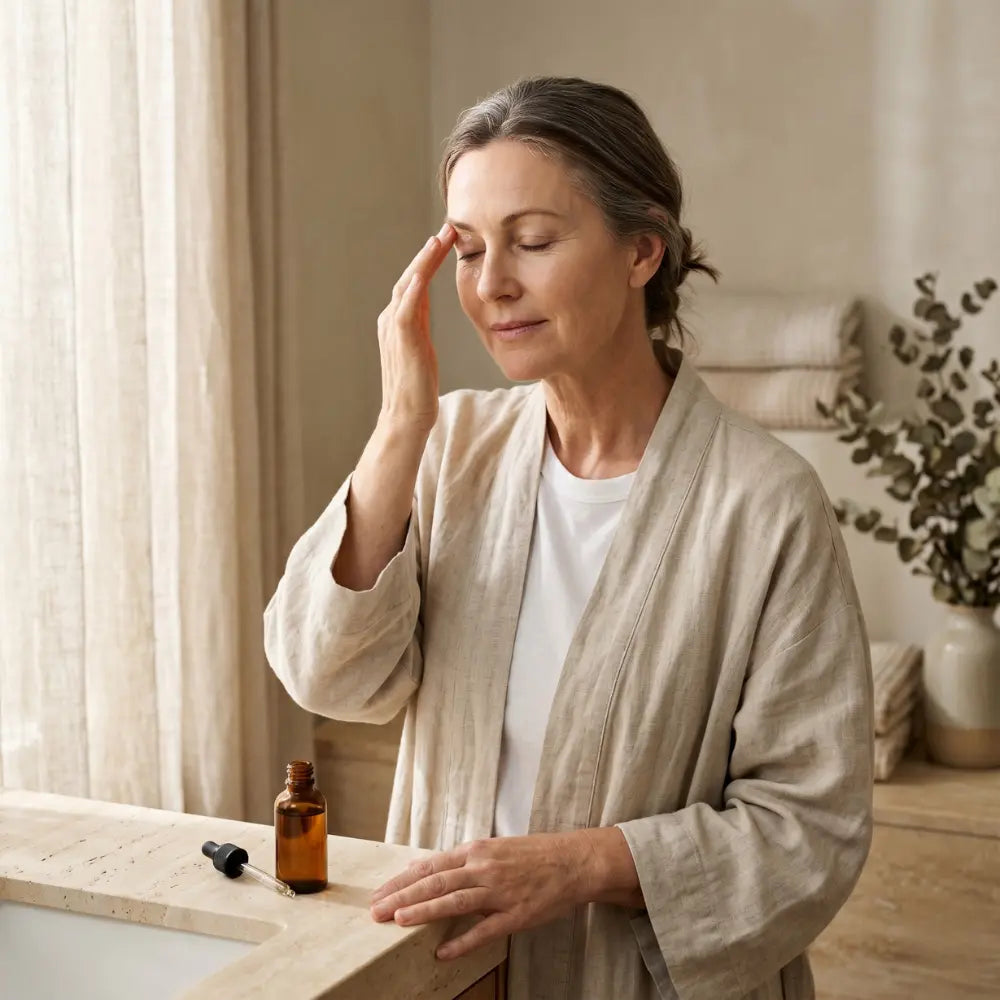 Australian woman in her early 50s gently tapping a peptide eye serum into the upper eyelid area at a bathroom vanity in soft natural morning light