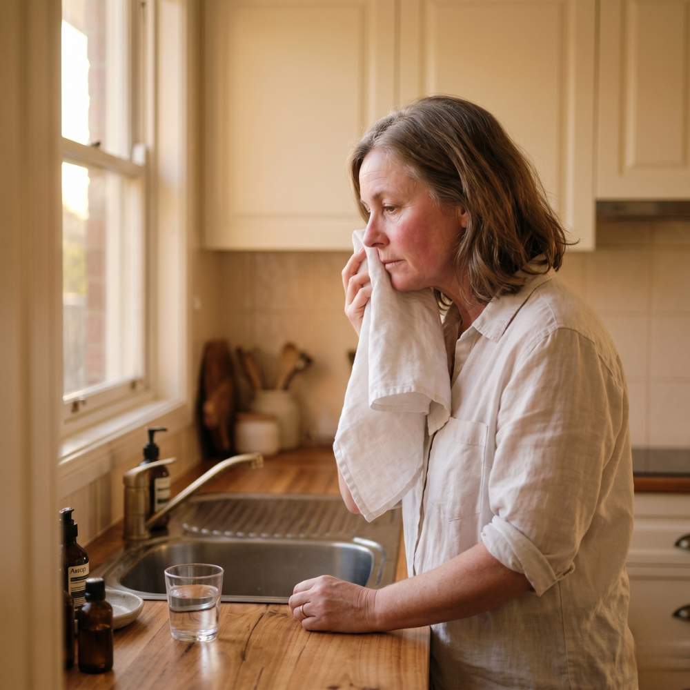 Menopausal Australian woman holding cool damp flannel to flushed cheek