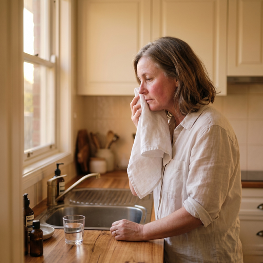 Menopausal Australian woman holding cool damp flannel to flushed cheek