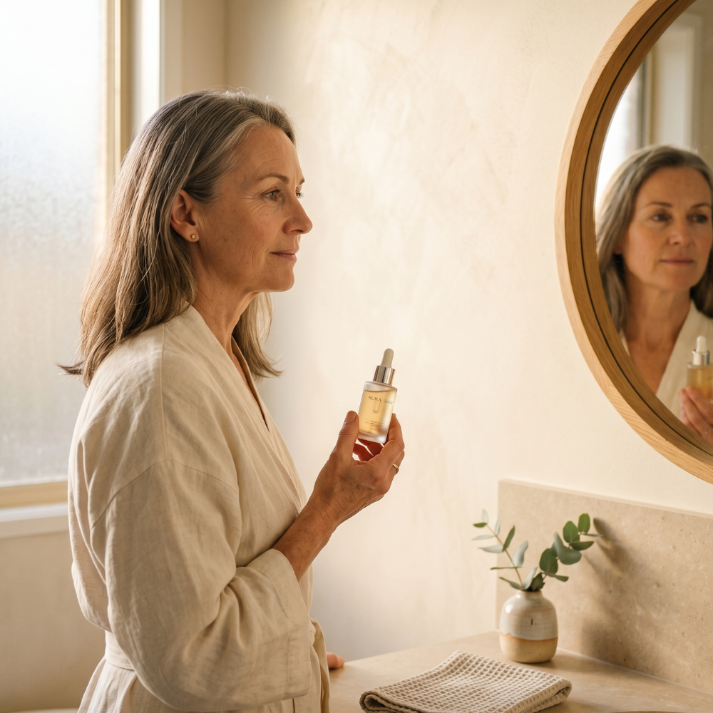 Australian woman in her 50s applying peptide serum, soft morning bathroom light