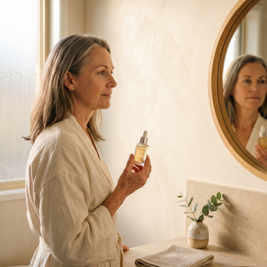 Australian woman in her 50s applying peptide serum, soft morning bathroom light
