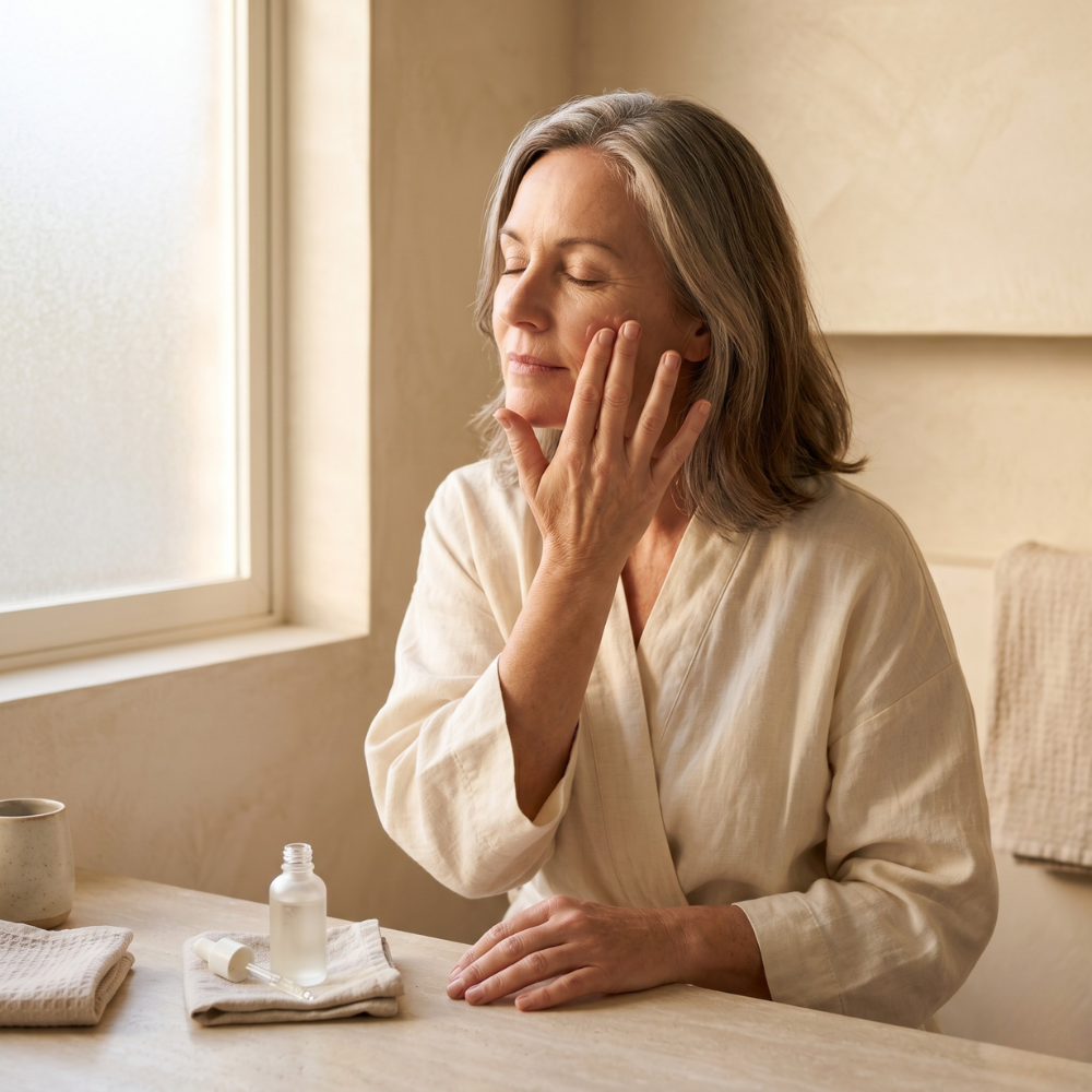 Australian woman in her 50s pressing peptide serum into cheek