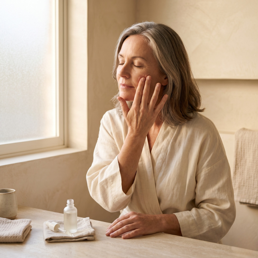 Australian woman in her 50s pressing peptide serum into cheek