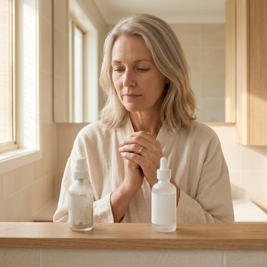 Australian woman in 50s comparing two skincare bottles on bathroom shelf