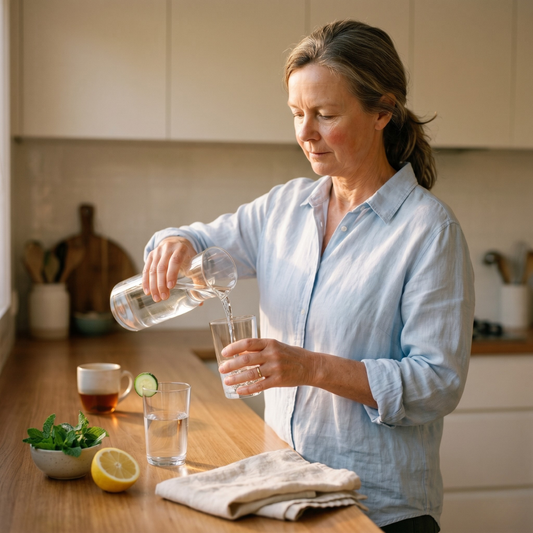 Australian woman over 45 pouring water through afternoon for menopausal skin