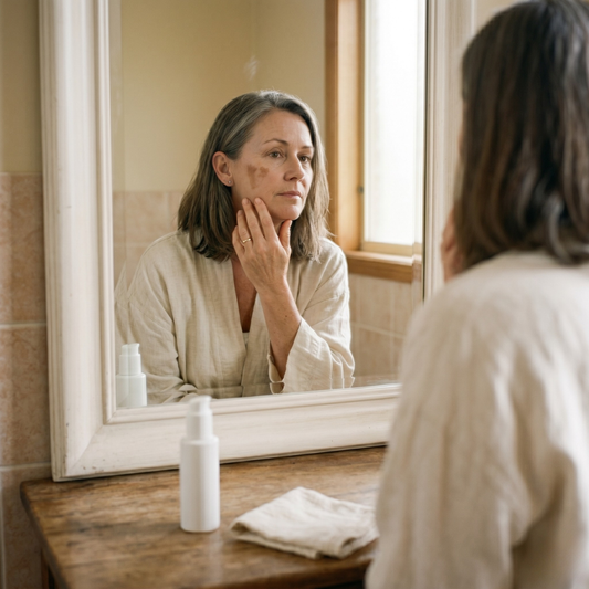 Australian woman over 45 examining menopausal pigmentation in bathroom mirror