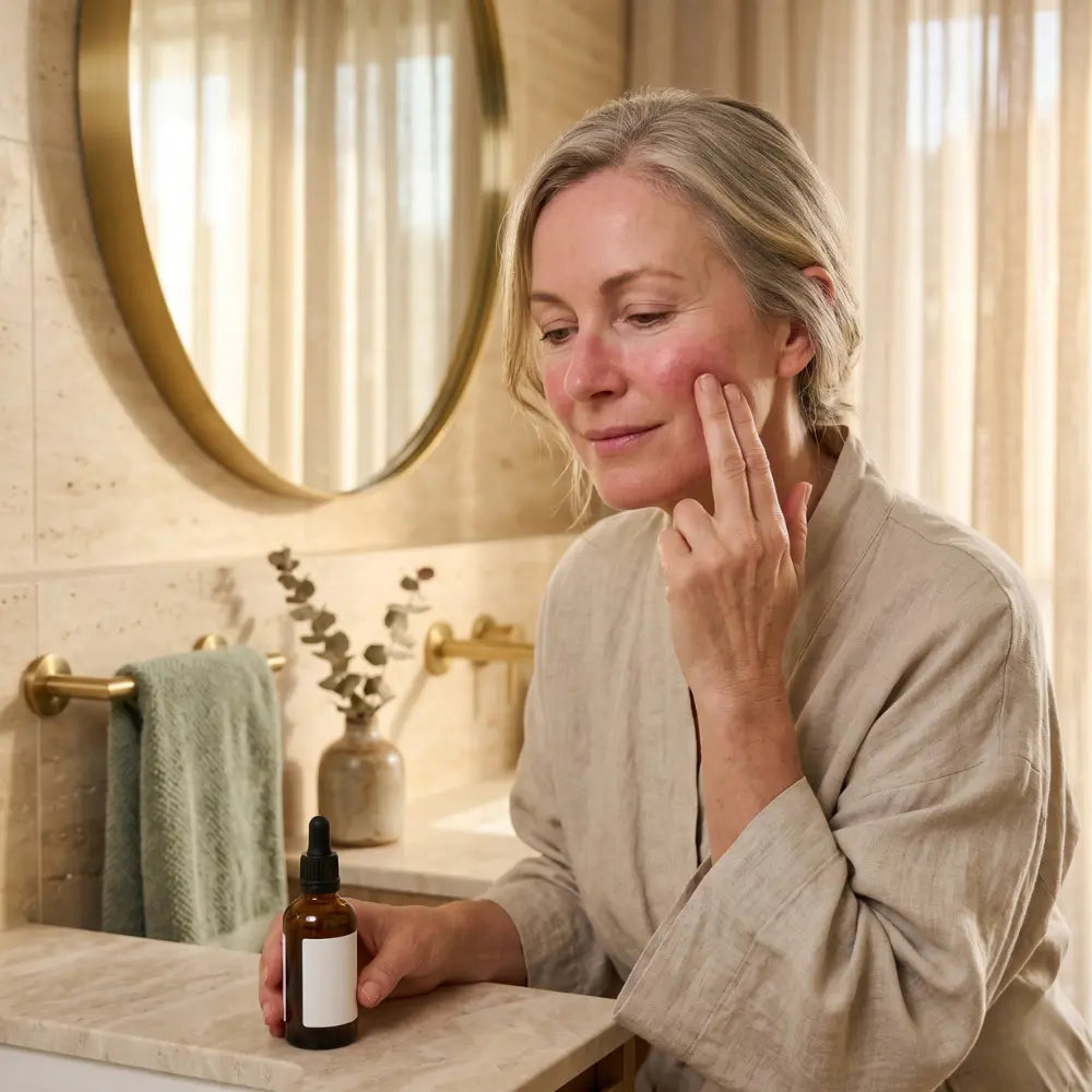 Australian woman in her early 50s in an oatmeal linen robe gently pressing two fingers into a visibly flushed cheek at a warm-lit bathroom vanity, illustrating reactive menopausal skin and inflammaging after 45