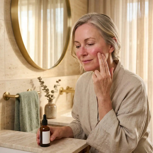 Australian woman in her early 50s in an oatmeal linen robe gently pressing two fingers into a visibly flushed cheek at a warm-lit bathroom vanity, illustrating reactive menopausal skin and inflammaging after 45