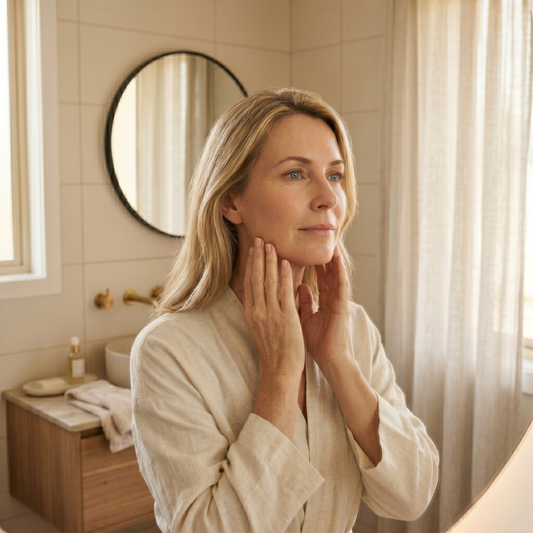 Australian woman in her 50s with blonde hair in a warm cream-toned bathroom, both hands resting gently at her jaw