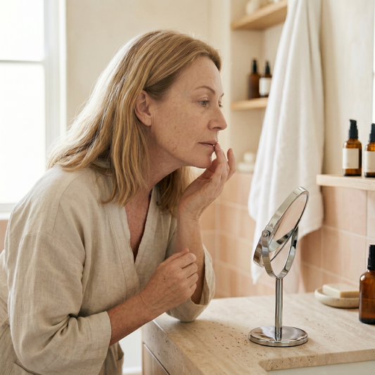 Australian woman in her 50s in a soft linen robe, fingertips resting along her upper lip in a bathroom mirror at a stone vanity, exploring lip volume loss after menopause.