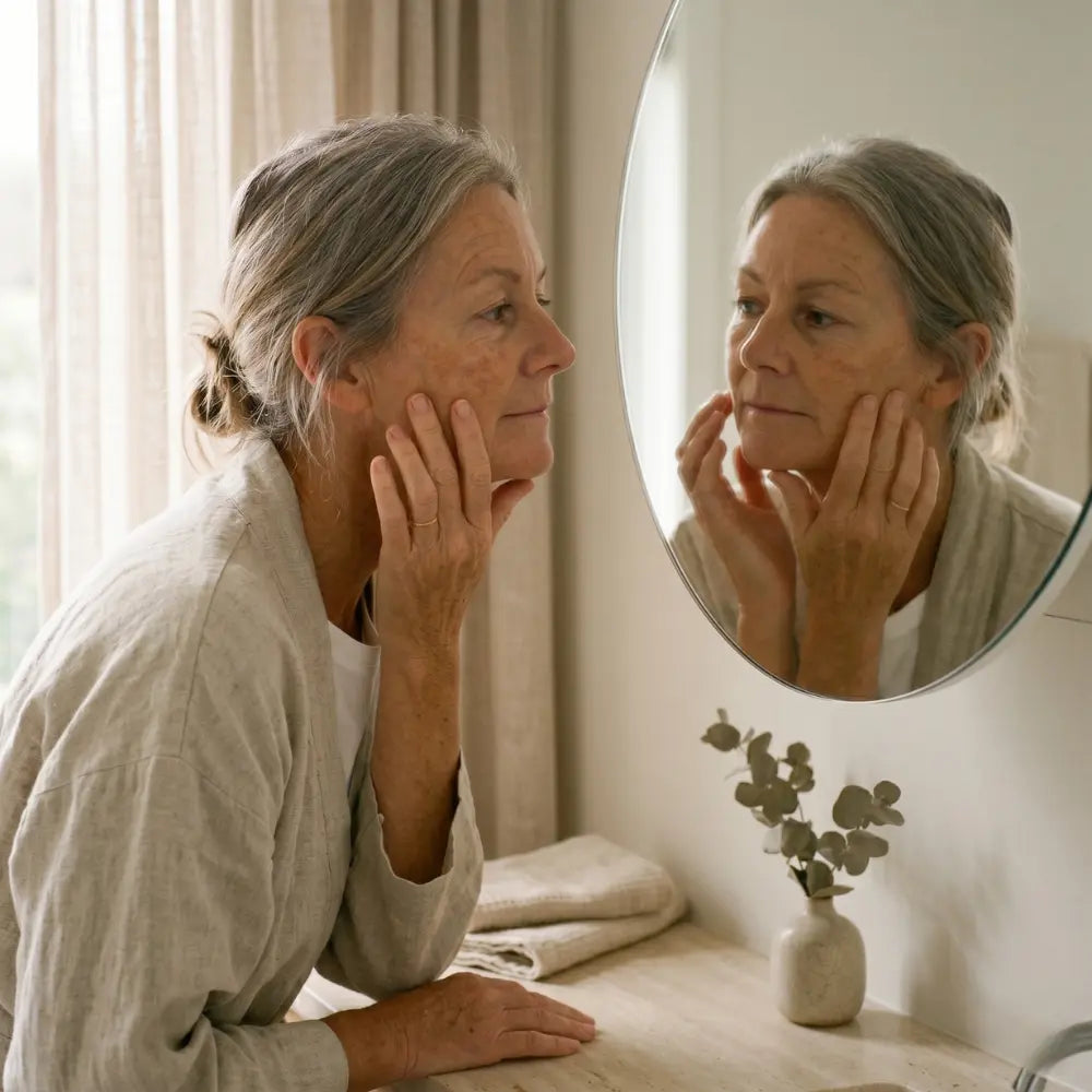 Australian woman in her early 50s gently examining a darker patch on her cheek in a bathroom mirror in soft natural morning light