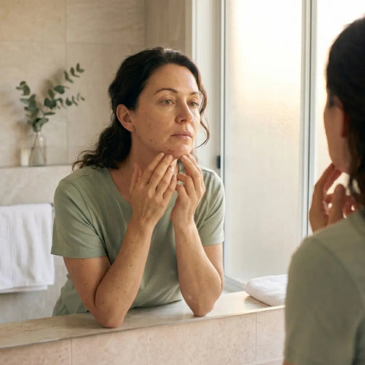 Woman in her late 40s examining a breakout along her jawline in a softly lit bathroom mirror