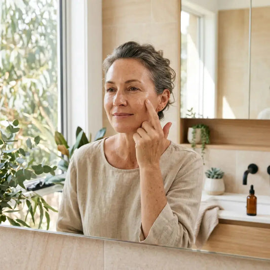 Woman in her 50s applying skincare serum as part of a morning routine for menopausal skin