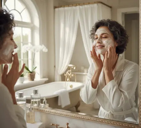 A woman cleansing her face