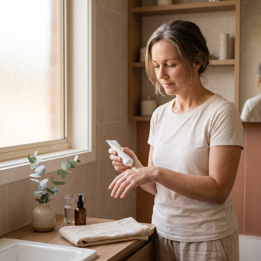 Australian woman in her 50s applying cream in warm bathroom light