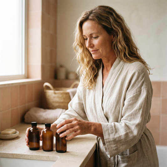 Australian woman in her early 50s in a soft linen robe, calm expression, gently arranging three amber skincare bottles on a stone bathroom vanity to begin a 12-week menopause skin reset.