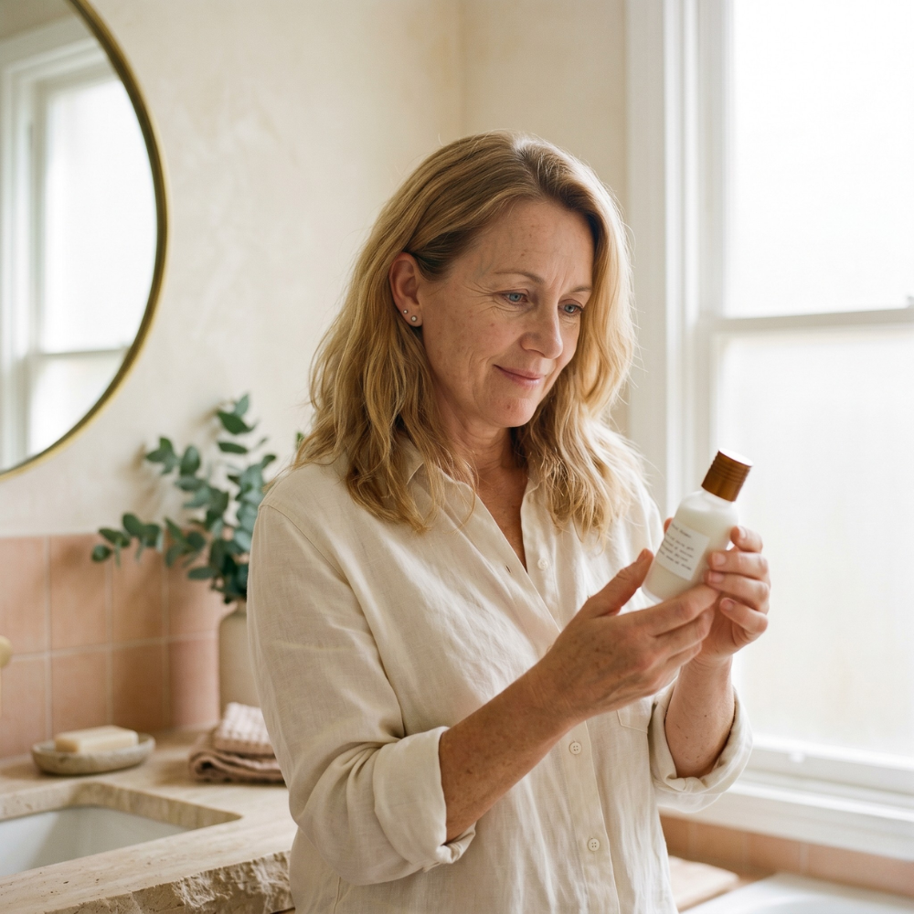 A menopausal woman investigating a skincare bottle.