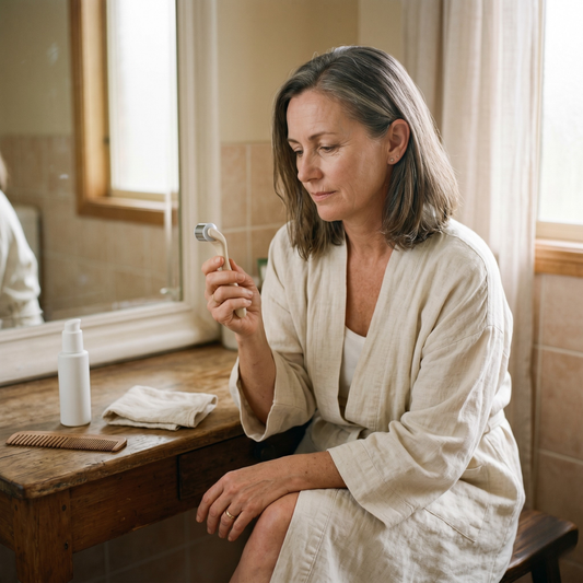 Australian woman over 45 considering microneedling roller for menopausal skin
