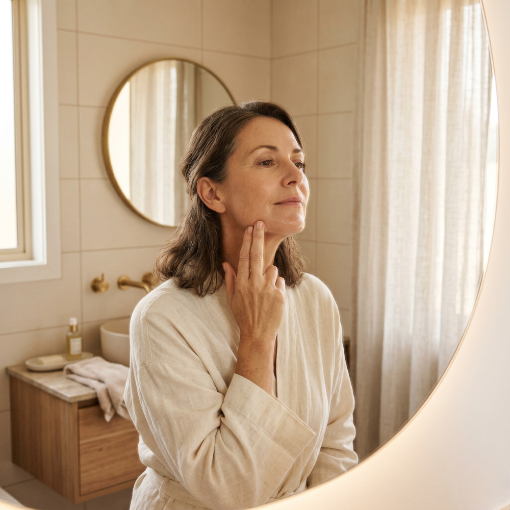 Australian woman in her 50s checking her jawline in a warm bathroom mirror, gently lifting the skin with her fingers, exploring what skincare may help lost jaw definition after menopause