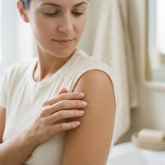 Woman gently touching a healed surgical scar on her upper arm in soft natural light