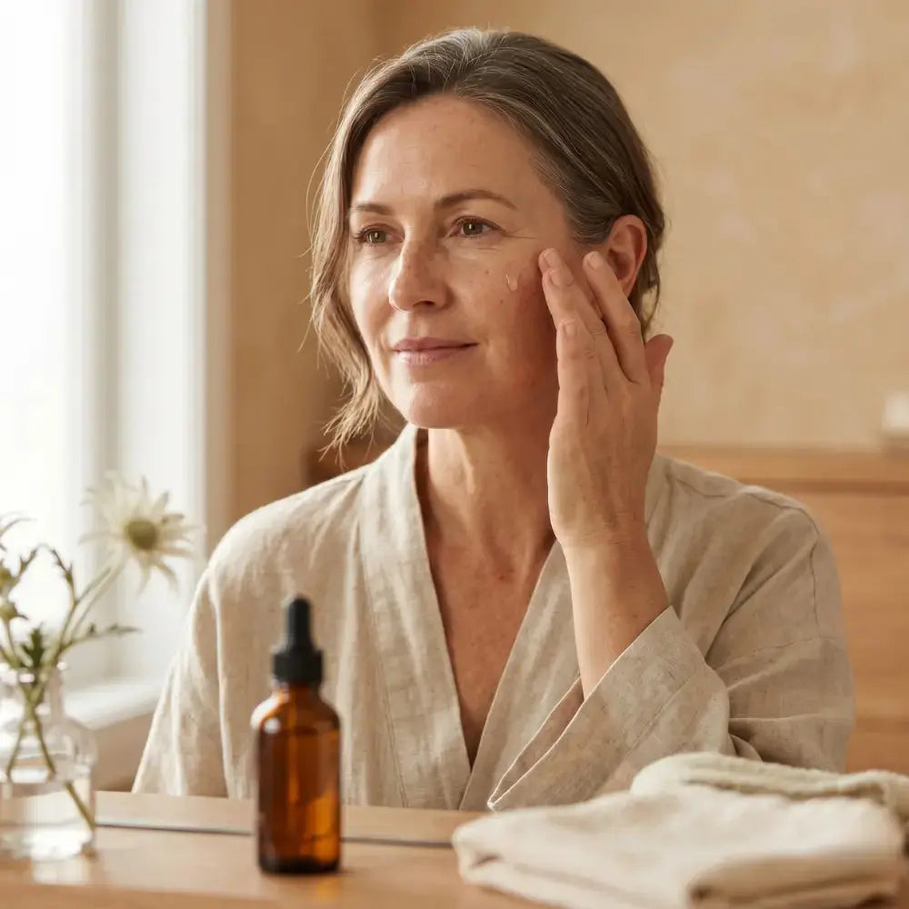 Woman in her 50s pressing a lightweight serum into her cheeks in front of a bathroom mirror in soft morning light