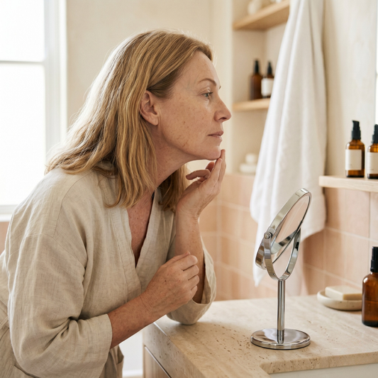 Australian woman in her 50s in a soft linen robe, cupping her jaw and studying her face in a bathroom mirror at a stone vanity, exploring Ozempic face after menopause.