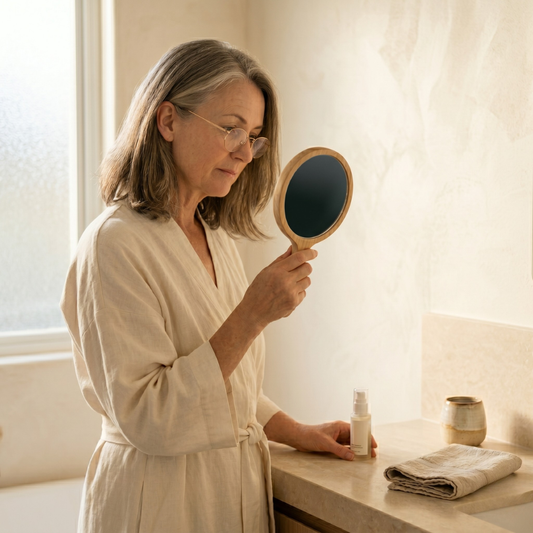 Australian woman in her 50s checking face handheld mirror bathroom