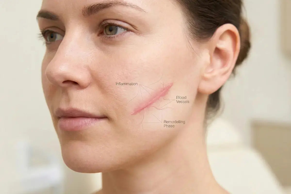 A woman with a red scar on her face