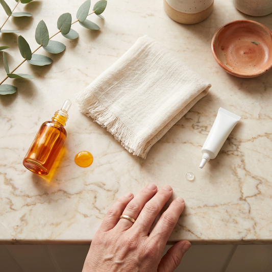 Rosehip oil bottle and silicone scar gel tube on cream marble with a mature woman's hand, comparing scar care options after 45.