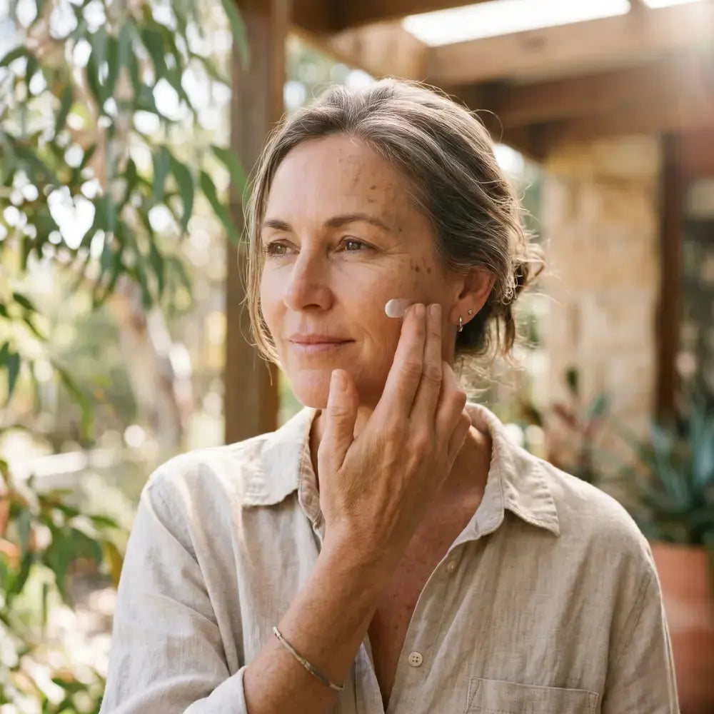 Woman in her 50s applying sunscreen to her cheek outdoors in soft Australian daylight