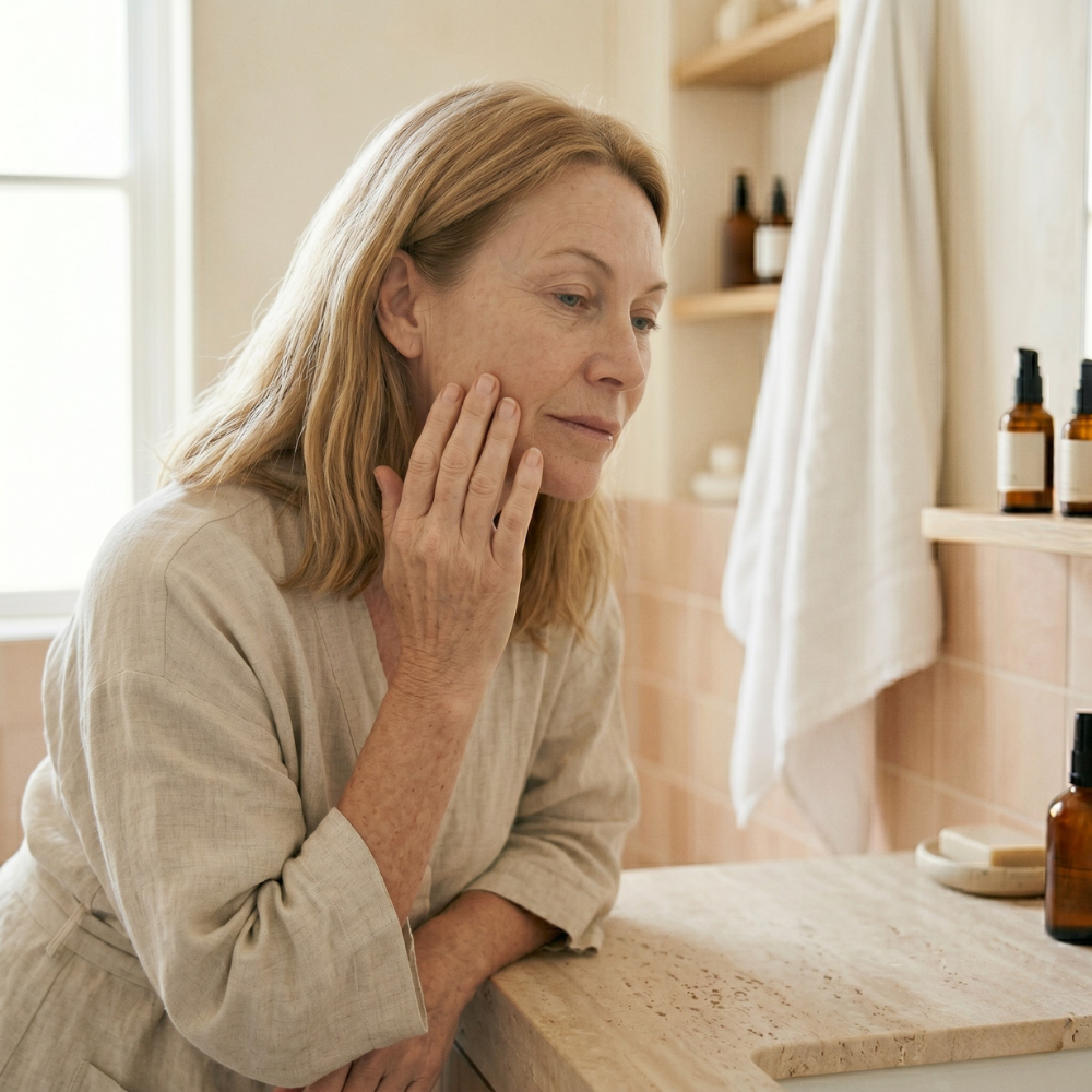 Australian woman in her 50s in a soft linen robe, hand cupped gently against her cheek at a stone bathroom vanity, exploring rough sandpaper skin texture that develops after menopause.