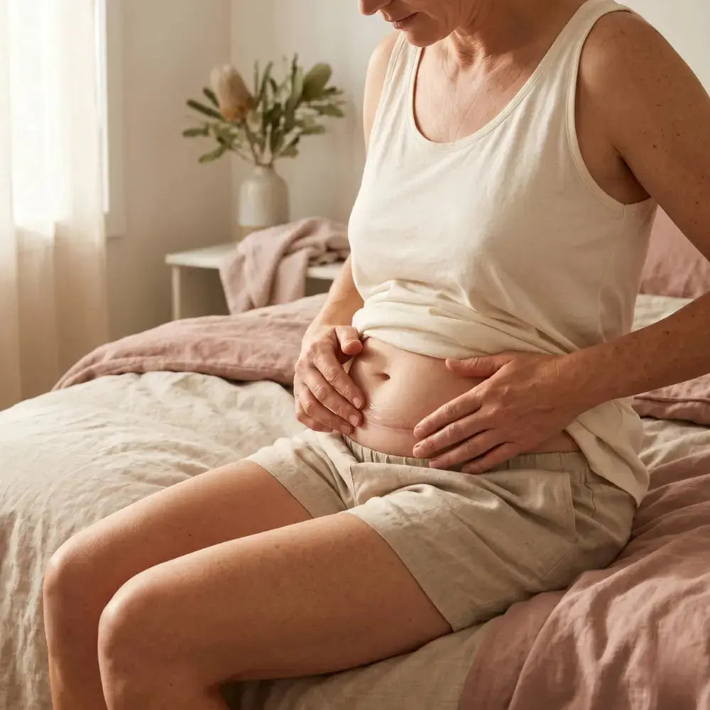 Woman gently applying silicone scar gel to a closed surgical line on her abdomen in soft morning light