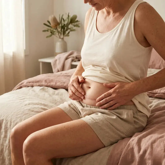 Woman gently applying silicone scar gel to a closed surgical line on her abdomen in soft morning light