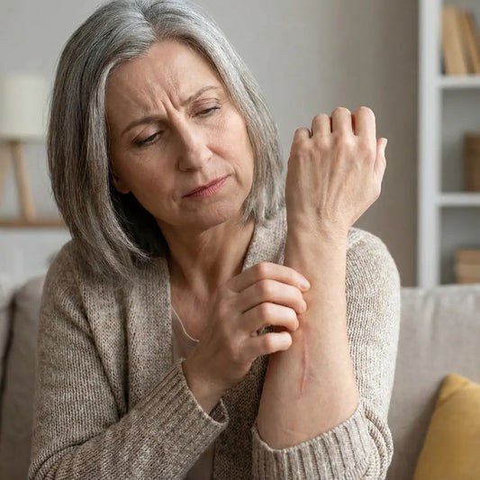 A woman with itchy scar on forehand