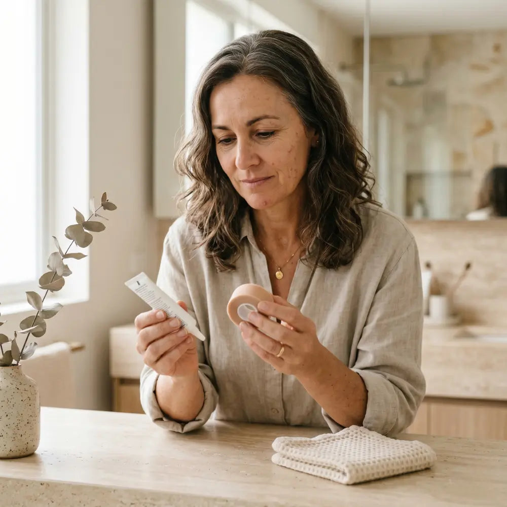 Woman in her early fifties at her bathroom counter, holding a small tube of silicone scar gel in one hand and a roll of scar tape in the other, comparing them in soft natural light.